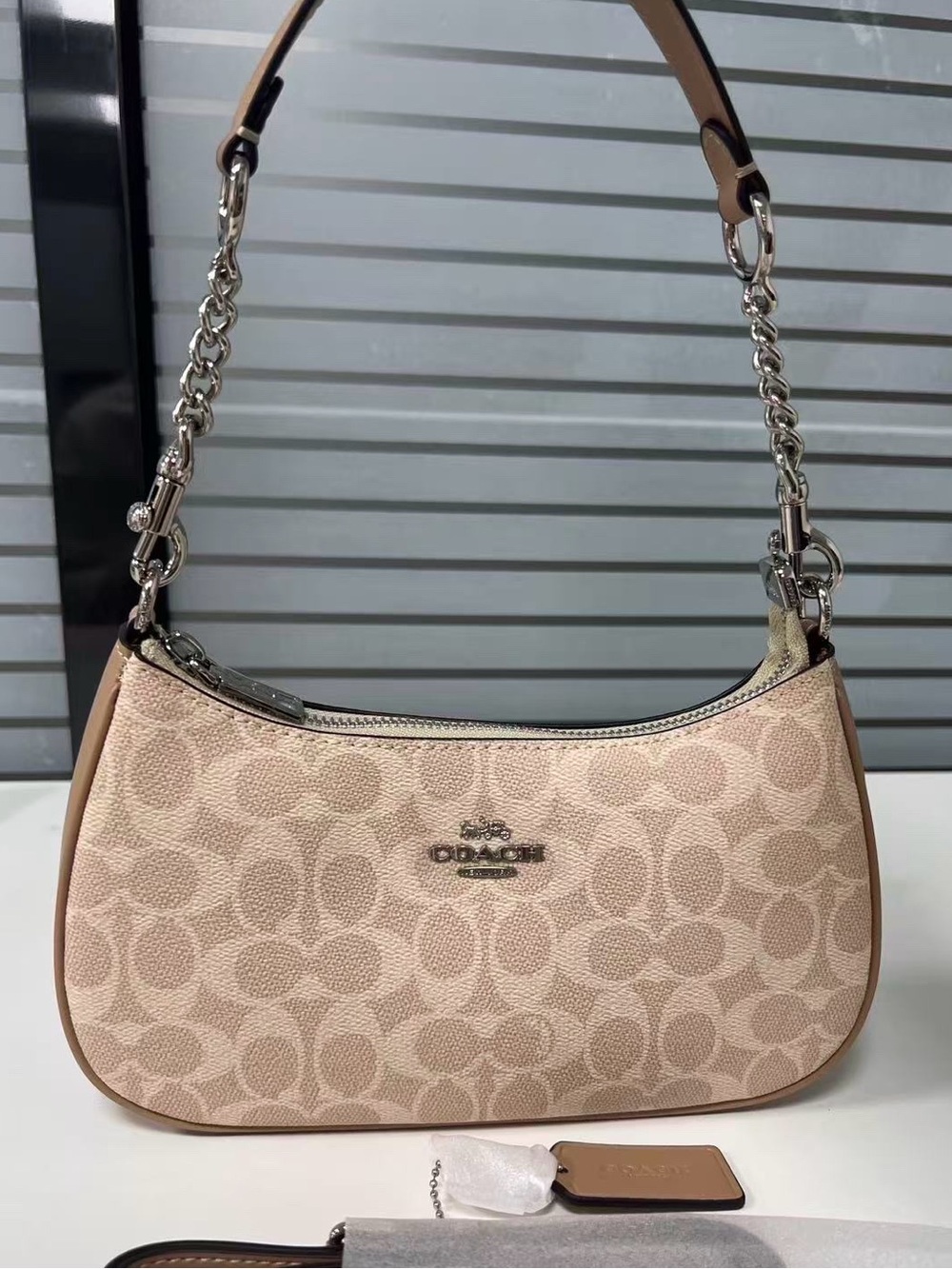 Coach Pink Beige Signature Jacquard Shoulder Bag with Silver Hardware